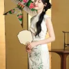 Botanical-Dyed Ivory Silk Satin | Modern one-Pieces Qipao Dress (青韵) - Thumbnail Image 1