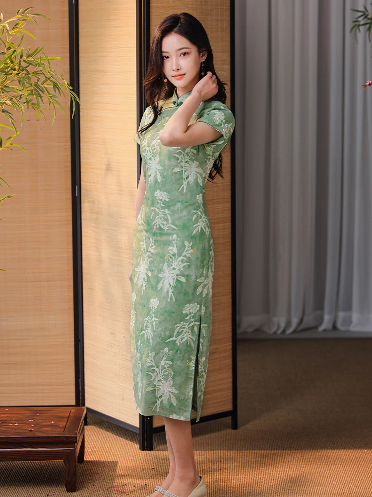 Tender Green Embroidered Lily Orchid | Modern one-Pieces Qipao Dress (杳卿) - Image 2