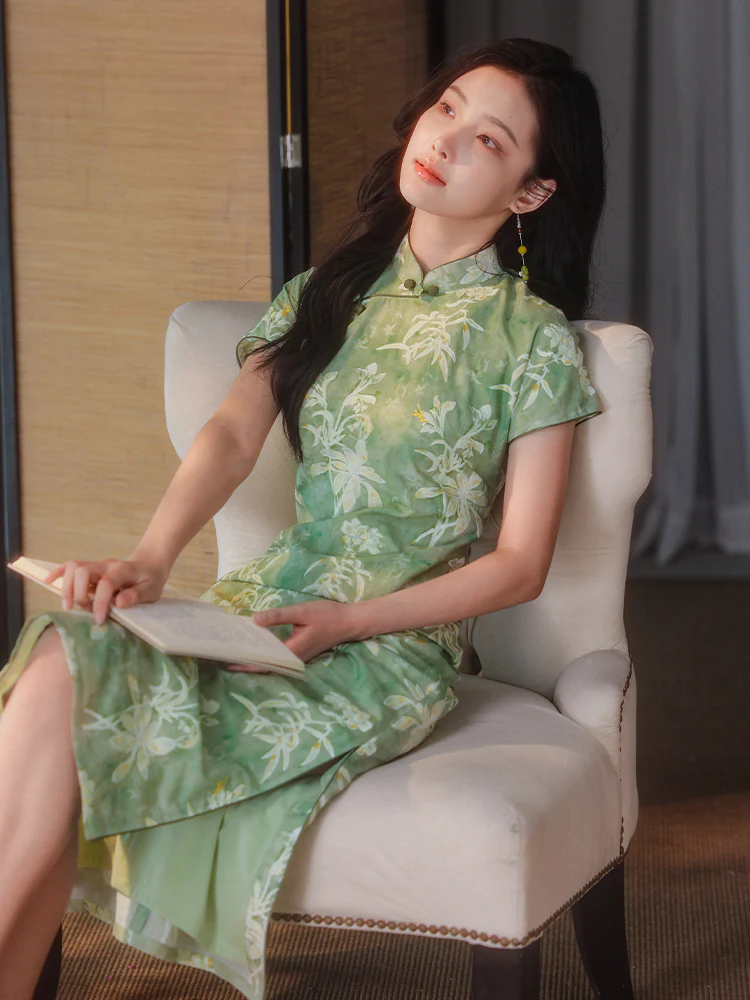 Tender Green Embroidered Lily Orchid | Modern one-Pieces Qipao Dress (杳卿) - Image 10
