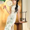 Botanical-Dyed Ivory Silk Satin | Modern one-Pieces Qipao Dress (青韵) - Thumbnail Image 9