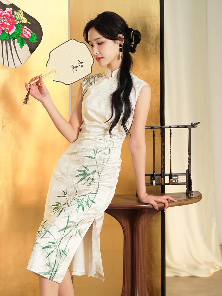 Botanical-Dyed Ivory Silk Satin | Modern one-Pieces Qipao Dress (青韵) - Image 9