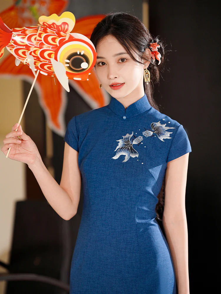 Koi Embroidery|Modern one-Pieces Qipao Dress（锦婉） - Image 2
