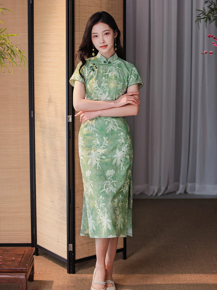 Tender Green Embroidered Lily Orchid | Modern one-Pieces Qipao Dress (杳卿) - Image 6