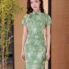 Tender Green Embroidered Lily Orchid | Modern one-Pieces Qipao Dress (杳卿) - Thumbnail Image 5