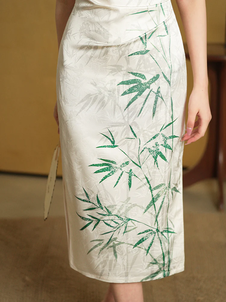 Botanical-Dyed Ivory Silk Satin | Modern one-Pieces Qipao Dress (青韵) - Image 7