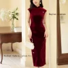 Deep Wine Crushed Velvet| Modern one-Pieces Qipao Dress（静沐） - Thumbnail Image 2