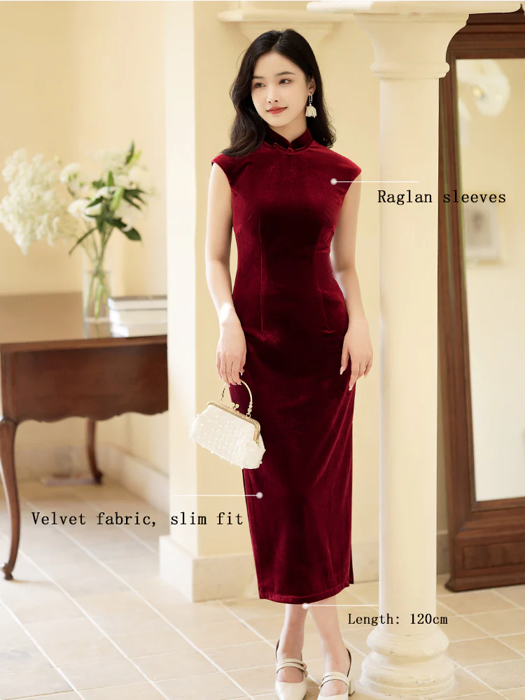 Deep Wine Crushed Velvet| Modern one-Pieces Qipao Dress（静沐） - Image 2