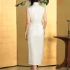 Botanical-Dyed Ivory Silk Satin | Modern one-Pieces Qipao Dress (青韵) - Thumbnail Image 6