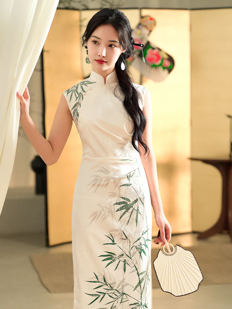 Botanical-Dyed Ivory Silk Satin | Modern one-Pieces Qipao Dress (青韵) - Image 5