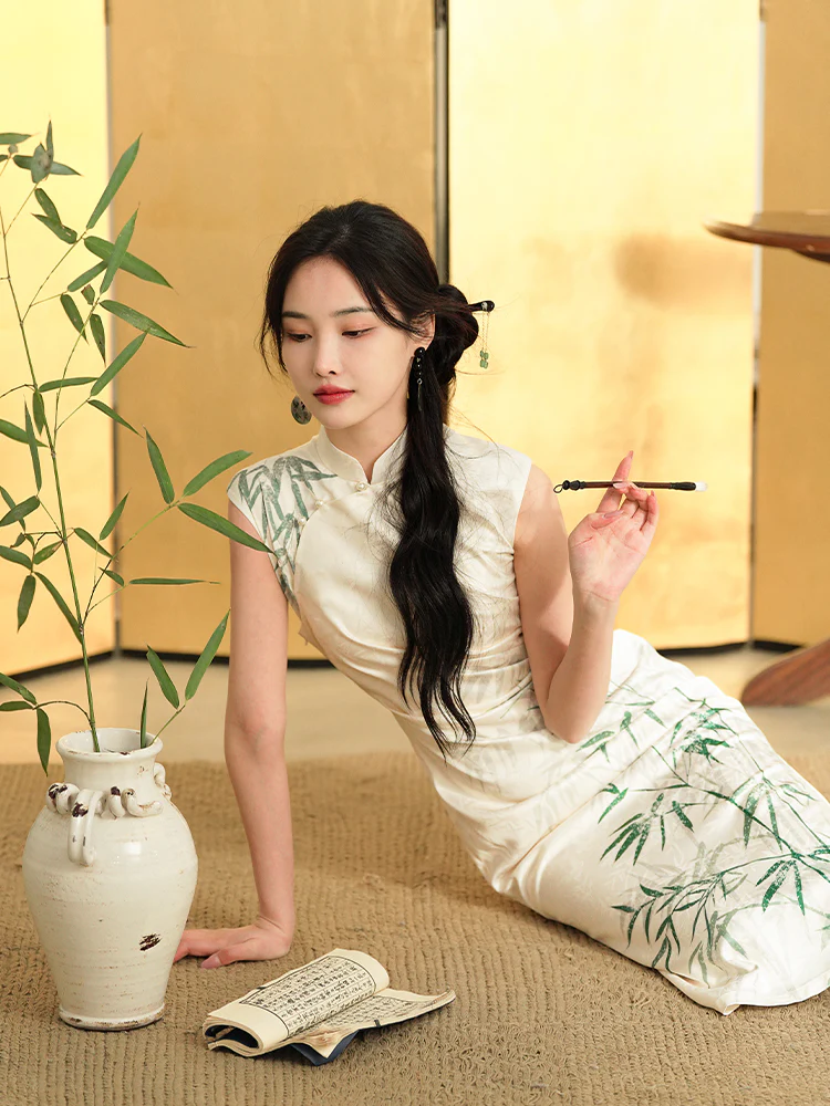 Botanical-Dyed Ivory Silk Satin | Modern one-Pieces Qipao Dress (青韵) - Image 4