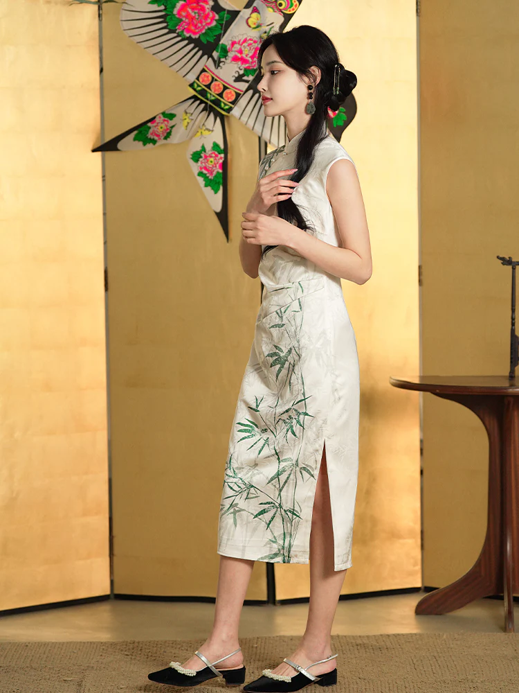 Botanical-Dyed Ivory Silk Satin | Modern one-Pieces Qipao Dress (青韵) - Image 3