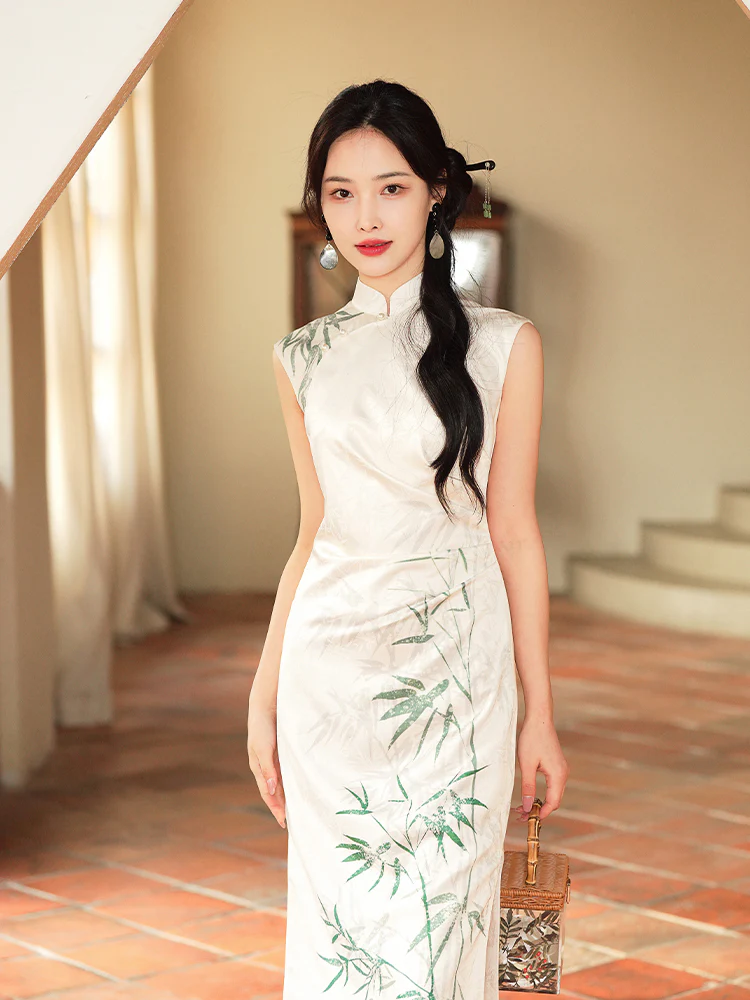 Botanical-Dyed Ivory Silk Satin | Modern one-Pieces Qipao Dress (青韵) - Image 2
