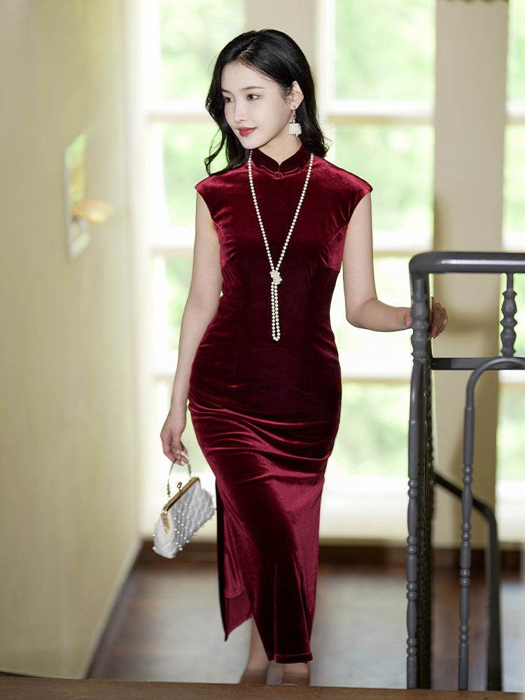 Deep Wine Crushed Velvet| Modern one-Pieces Qipao Dress（静沐） - Image 13