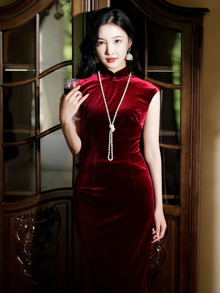 Deep Wine Crushed Velvet| Modern one-Pieces Qipao Dress（静沐） - Image 5
