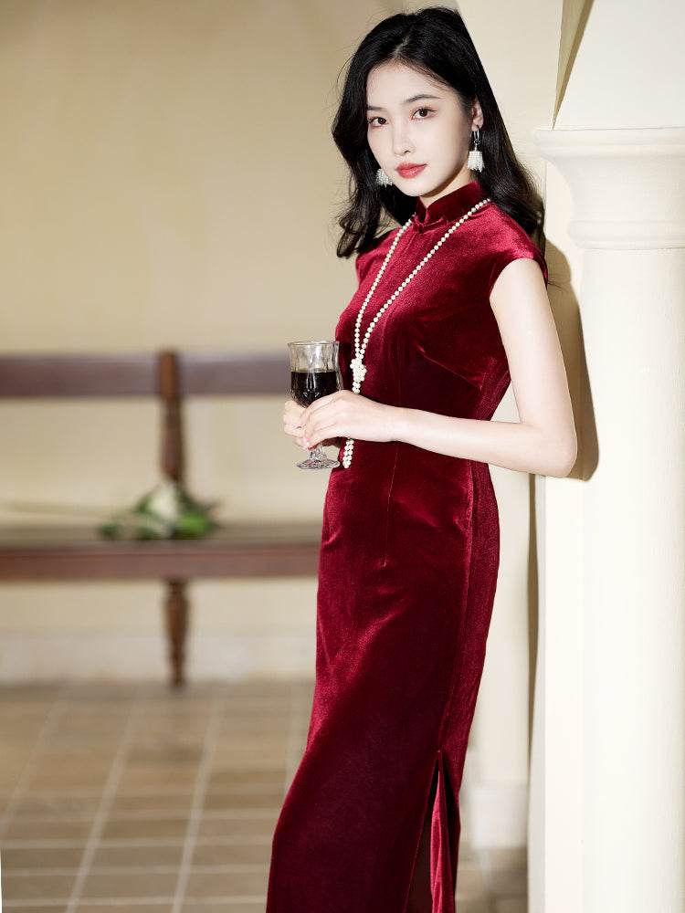 Deep Wine Crushed Velvet| Modern one-Pieces Qipao Dress（静沐） - Image 12