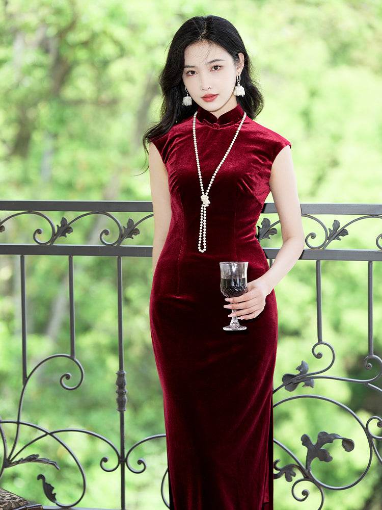 Deep Wine Crushed Velvet| Modern one-Pieces Qipao Dress（静沐） - Image 11