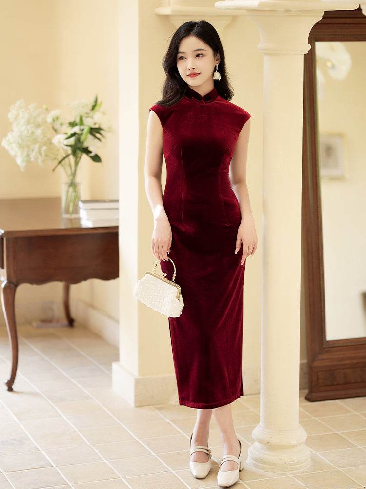 Deep Wine Crushed Velvet| Modern one-Pieces Qipao Dress（静沐） - Image 10