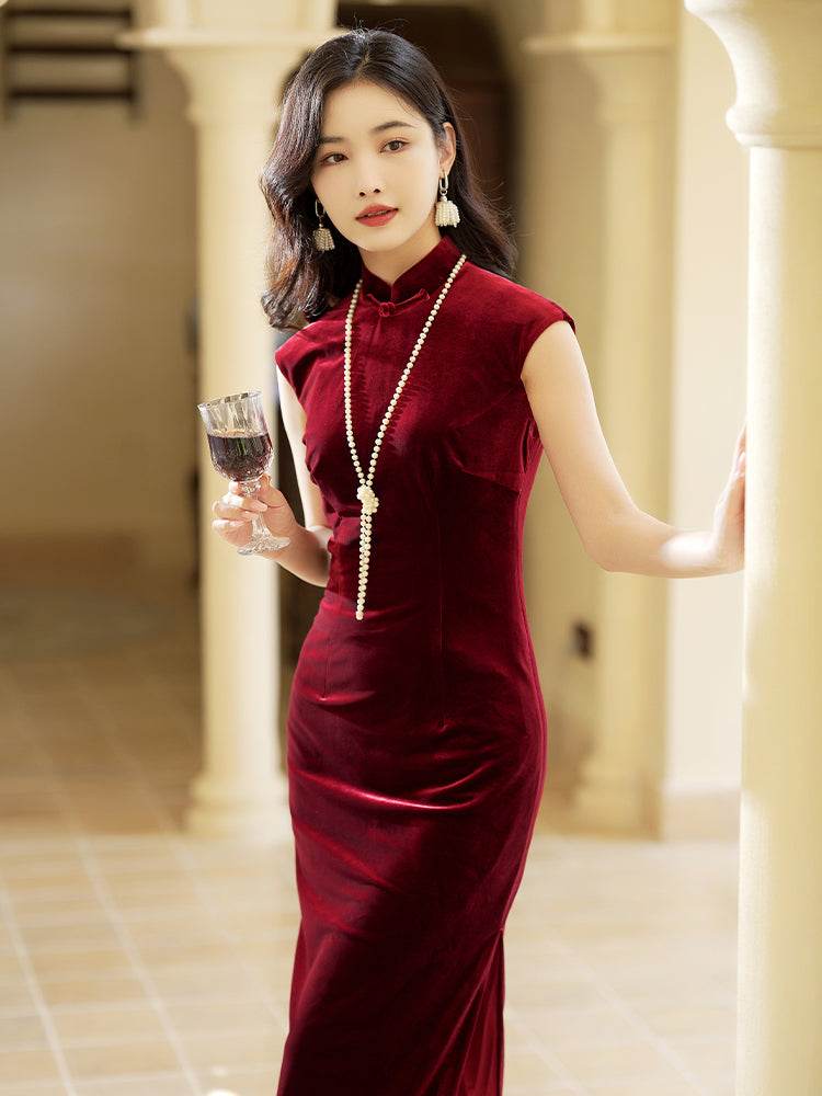 Deep Wine Crushed Velvet| Modern one-Pieces Qipao Dress（静沐） - Image 9