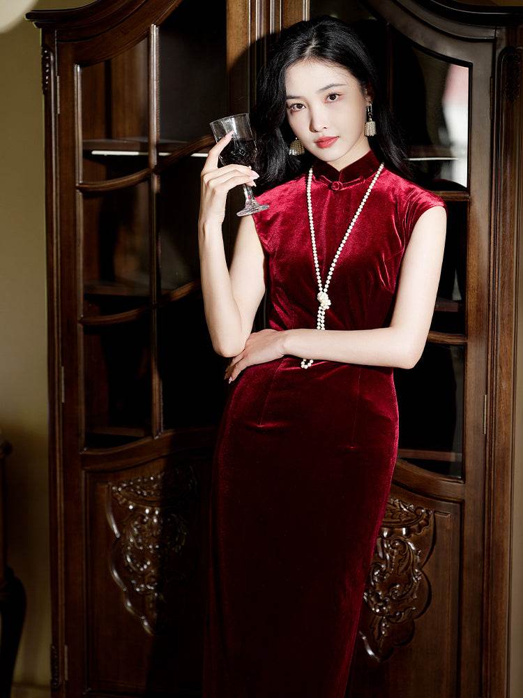 Deep Wine Crushed Velvet| Modern one-Pieces Qipao Dress（静沐） - Image 1