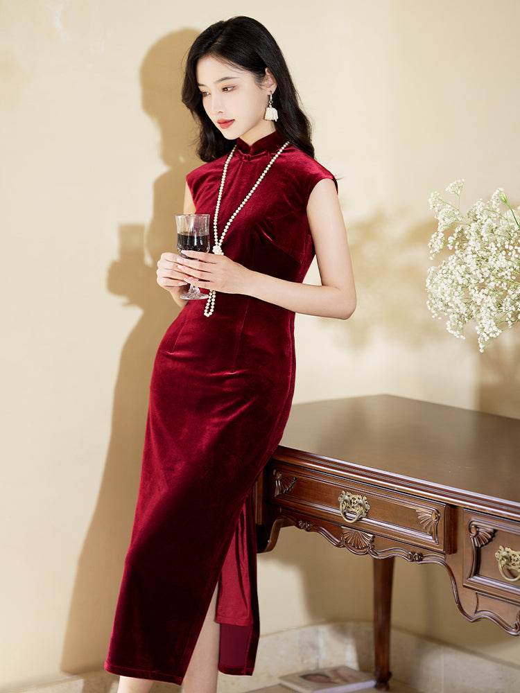 Deep Wine Crushed Velvet| Modern one-Pieces Qipao Dress（静沐） - Image 8