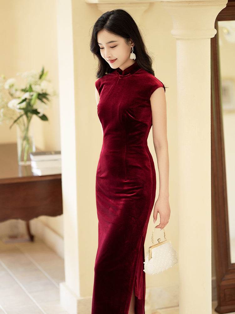 Deep Wine Crushed Velvet| Modern one-Pieces Qipao Dress（静沐） - Image 6