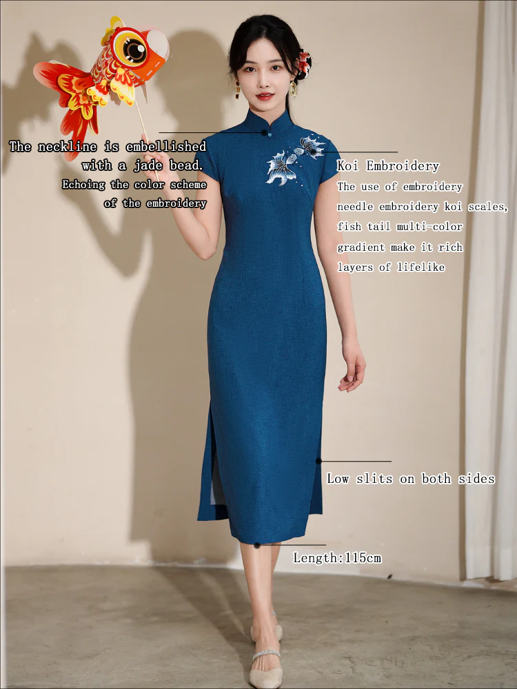 Koi Embroidery|Modern one-Pieces Qipao Dress（锦婉） - Image 3