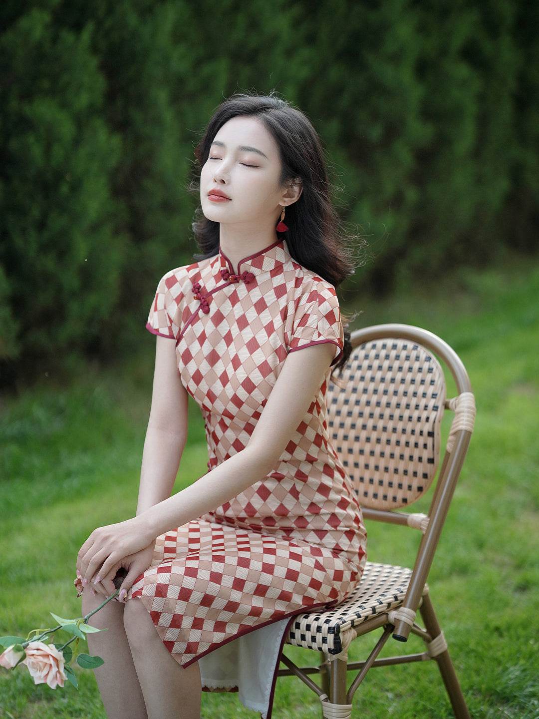 Apricot Geometric Diamond Pattern| Modern one-Pieces Qipao Dress（方仪） - Image 8