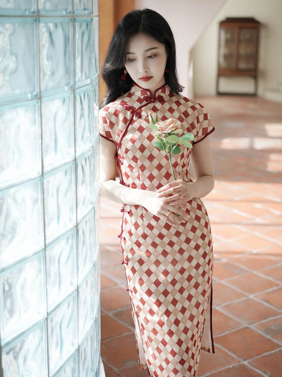 Apricot Geometric Diamond Pattern| Modern one-Pieces Qipao Dress（方仪） - Image 7