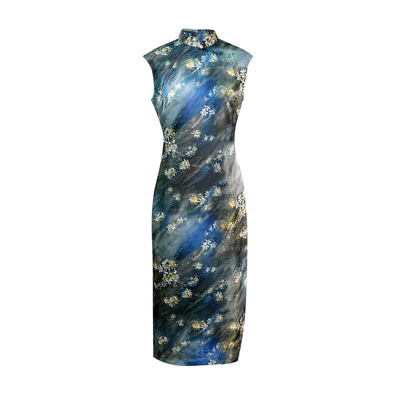 Sky-Blue Jinling Satin with Cosmic Daisies - Relaxed Silhouette | Modern one-Pieces Qipao Dress (彗予) - Image 3