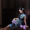 Sky-Blue Jinling Satin with Cosmic Daisies - Relaxed Silhouette | Modern one-Pieces Qipao Dress (彗予) - Thumbnail Image 11