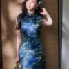 Sky-Blue Jinling Satin with Cosmic Daisies - Relaxed Silhouette | Modern one-Pieces Qipao Dress (彗予) - Thumbnail Image 8