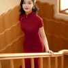 Haute Couture Red Acetate Fabric| Modern one-Pieces Qipao Dress（妗鸿） - Thumbnail Image 4