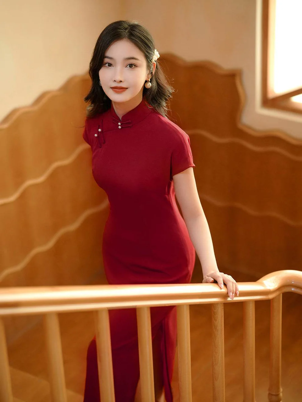 Haute Couture Red Acetate Fabric| Modern one-Pieces Qipao Dress（妗鸿） - Image 4