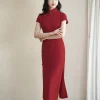 Haute Couture Red Acetate Fabric| Modern one-Pieces Qipao Dress（妗鸿） - Thumbnail Image 6