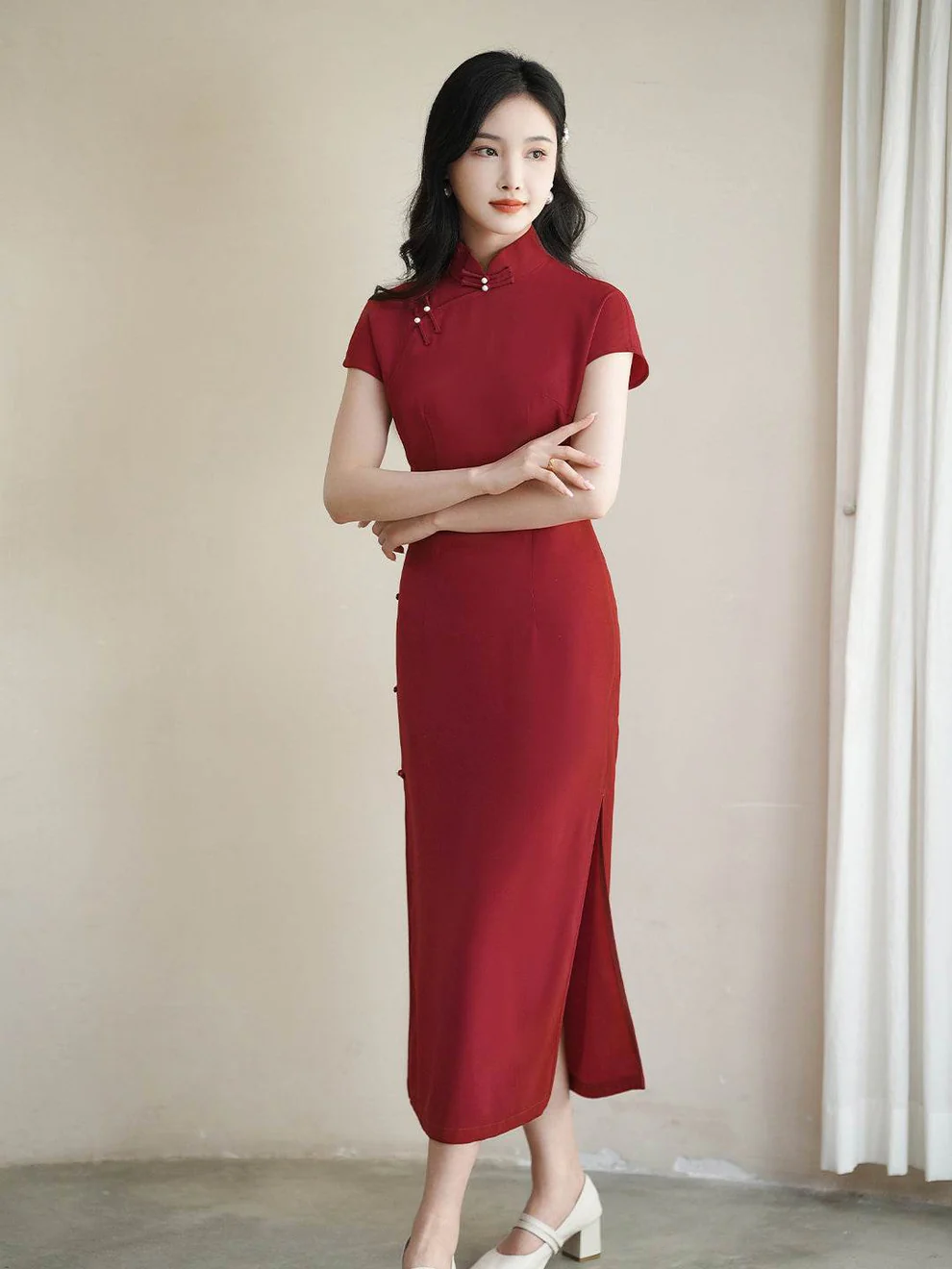 Haute Couture Red Acetate Fabric| Modern one-Pieces Qipao Dress（妗鸿） - Image 6