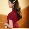 Haute Couture Red Acetate Fabric| Modern one-Pieces Qipao Dress（妗鸿） - Thumbnail Image 5