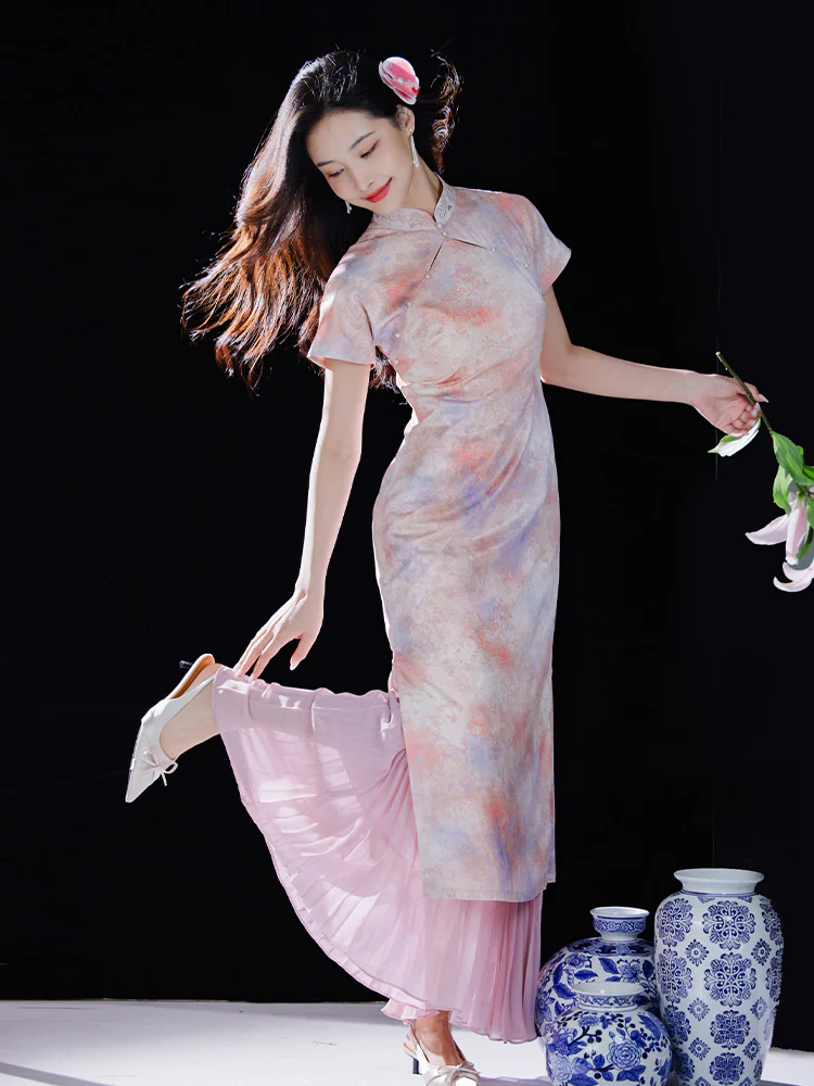 Pink Water Nymph Jinling Satin Embroidery | Modern one-Pieces Qipao Dress(浅椿) - Image 6