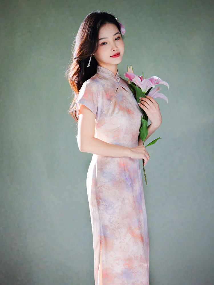 Pink Water Nymph Jinling Satin Embroidery | Modern one-Pieces Qipao Dress(浅椿) - Image 5