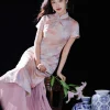 Pink Water Nymph Jinling Satin Embroidery | Modern one-Pieces Qipao Dress(浅椿) - Thumbnail Image 10