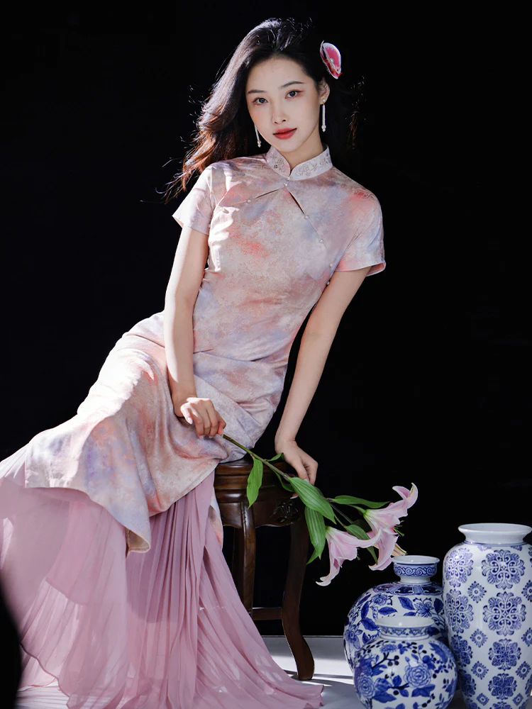 Pink Water Nymph Jinling Satin Embroidery | Modern one-Pieces Qipao Dress(浅椿) - Image 10