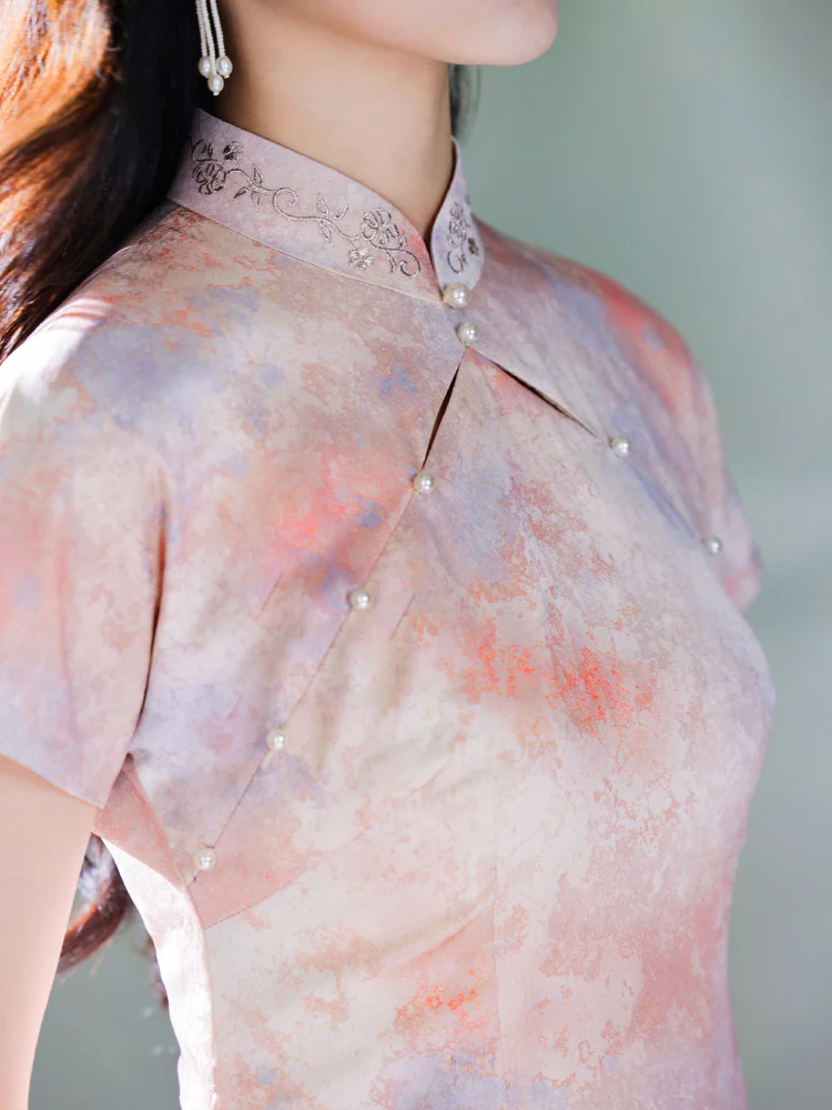 Pink Water Nymph Jinling Satin Embroidery | Modern one-Pieces Qipao Dress(浅椿) - Image 3