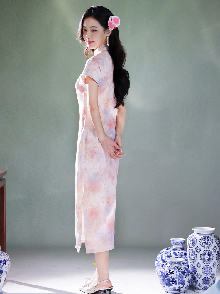 Pink Water Nymph Jinling Satin Embroidery | Modern one-Pieces Qipao Dress(浅椿) - Image 9