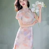 Pink Water Nymph Jinling Satin Embroidery | Modern one-Pieces Qipao Dress(浅椿) - Thumbnail Image 2