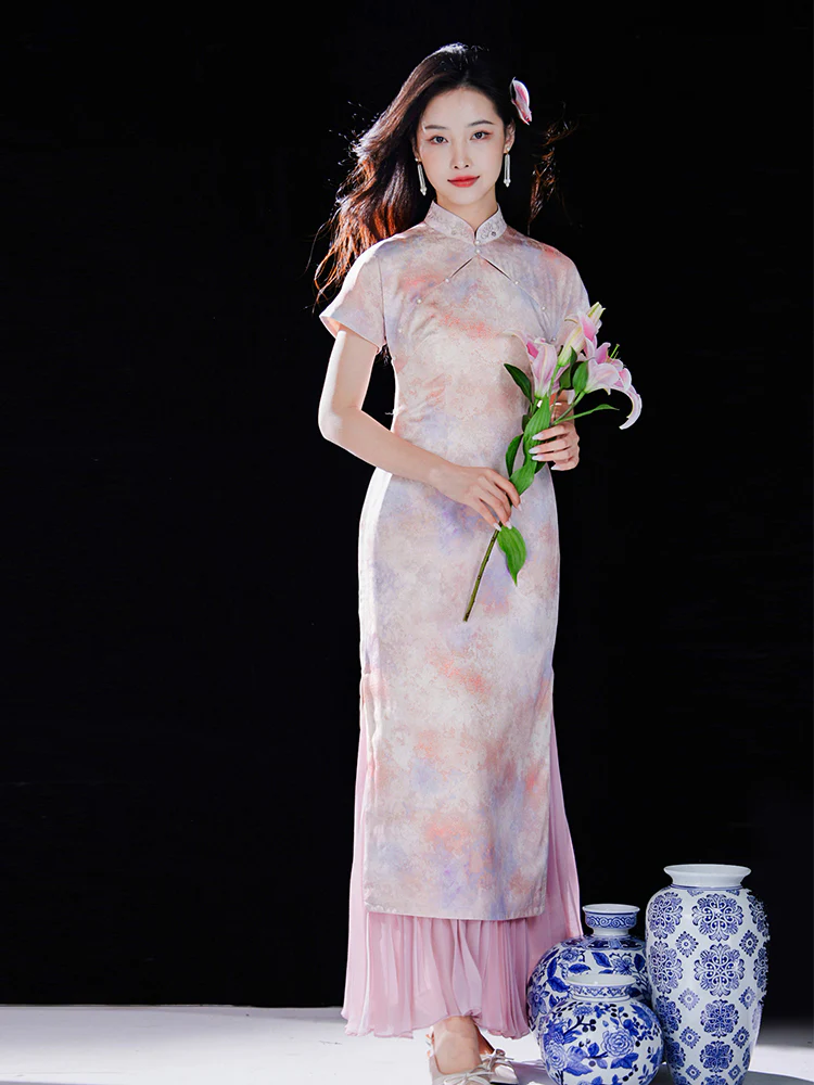 Pink Water Nymph Jinling Satin Embroidery | Modern one-Pieces Qipao Dress(浅椿) - Image 7
