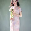 Pink Water Nymph Jinling Satin Embroidery | Modern one-Pieces Qipao Dress(浅椿) - Thumbnail Image 4