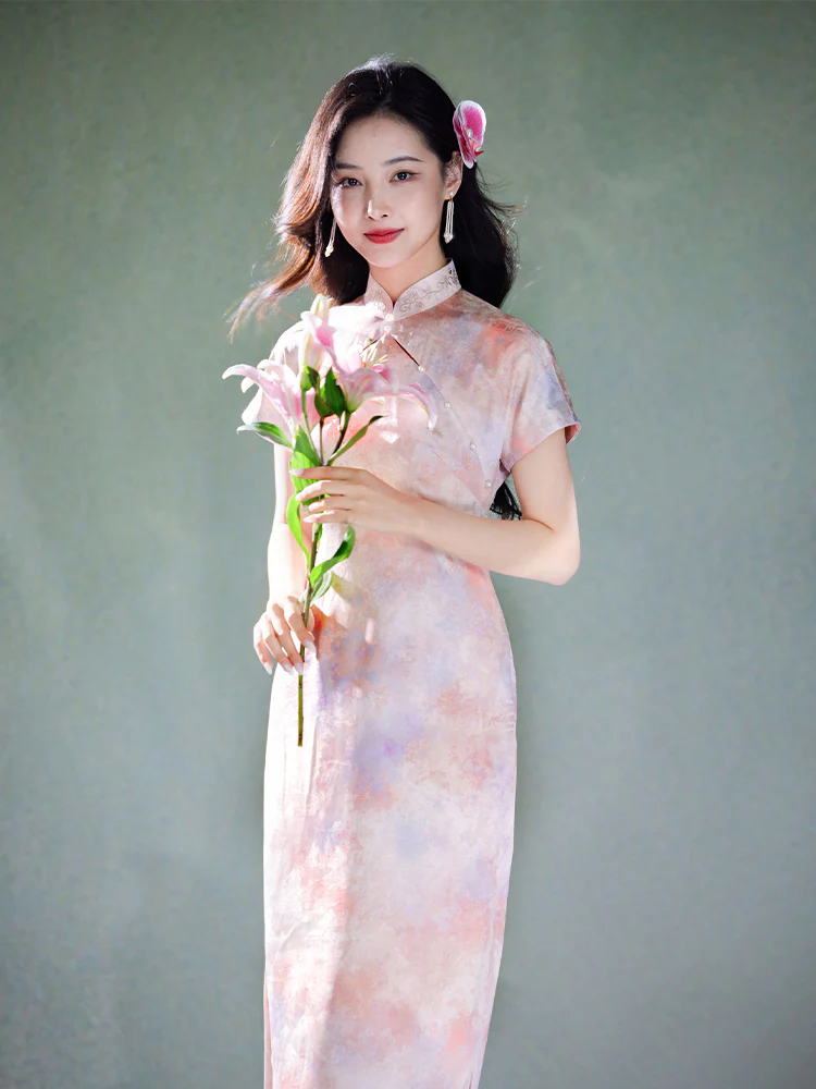 Pink Water Nymph Jinling Satin Embroidery | Modern one-Pieces Qipao Dress(浅椿) - Image 4