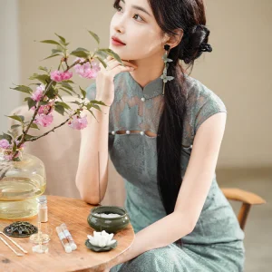 Celestial Aurora Blue Premium Lace | Modern one-Pieces Qipao Dress (雅瓷)