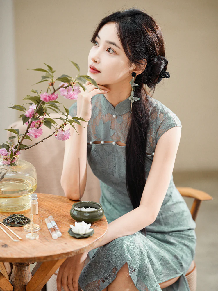 Celestial Aurora Blue Premium Lace | Modern one-Pieces Qipao Dress (雅瓷) - Image 1
