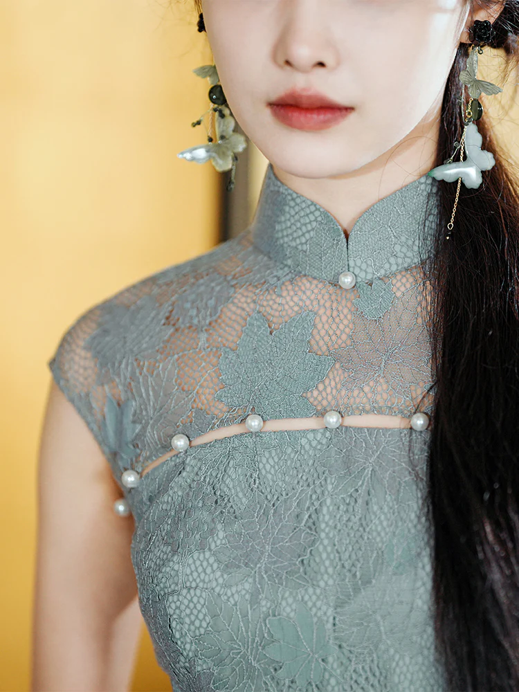 Celestial Aurora Blue Premium Lace | Modern one-Pieces Qipao Dress (雅瓷) - Image 2