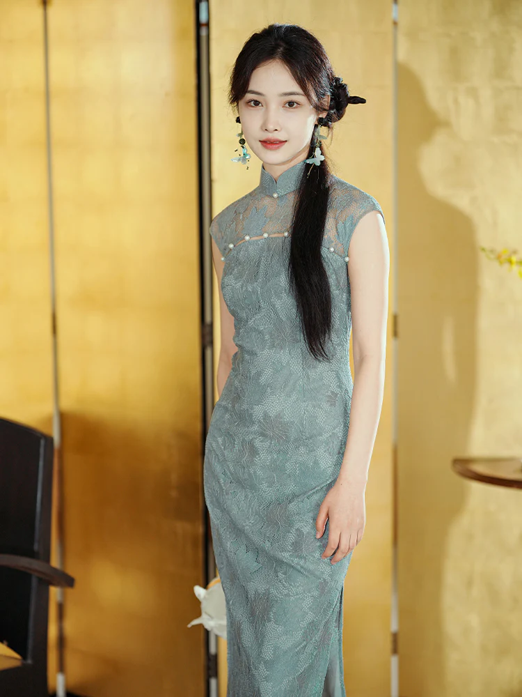 Celestial Aurora Blue Premium Lace | Modern one-Pieces Qipao Dress (雅瓷) - Image 9
